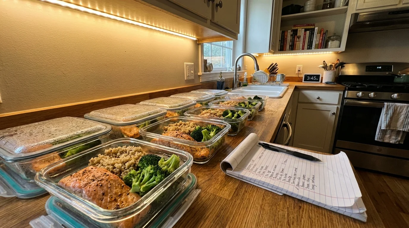 Glass meal prep containers filled with healthy food on a kitchen counter next to a grocery list.