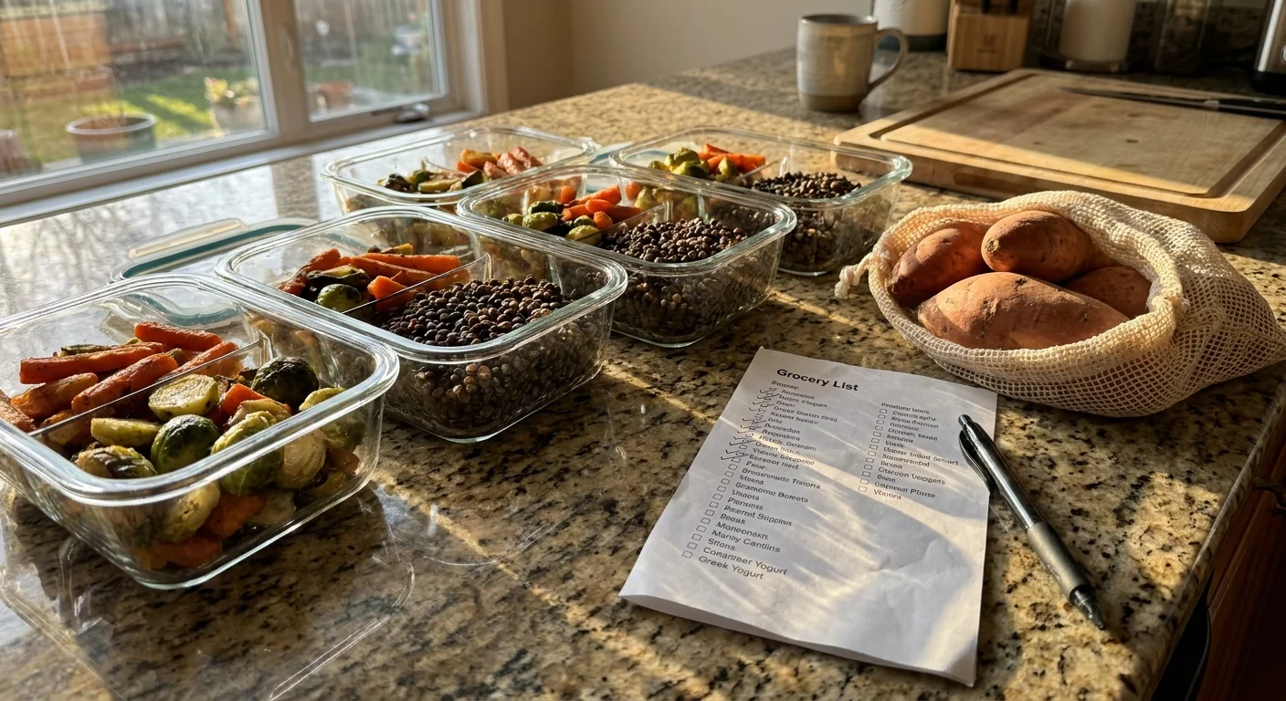 Glass meal prep containers filled with healthy food on a kitchen counter with a grocery list.