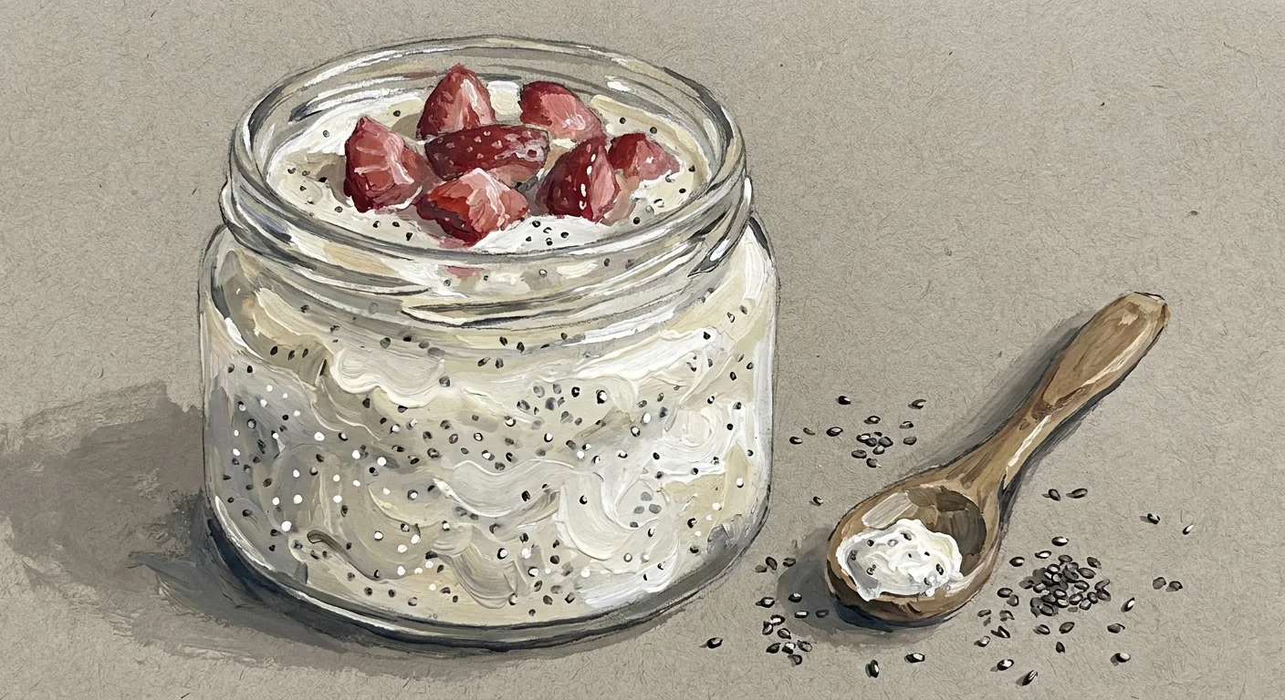 Gouache illustration of a chia seed pudding jar with a creamy, gel-like texture and fruit toppings.