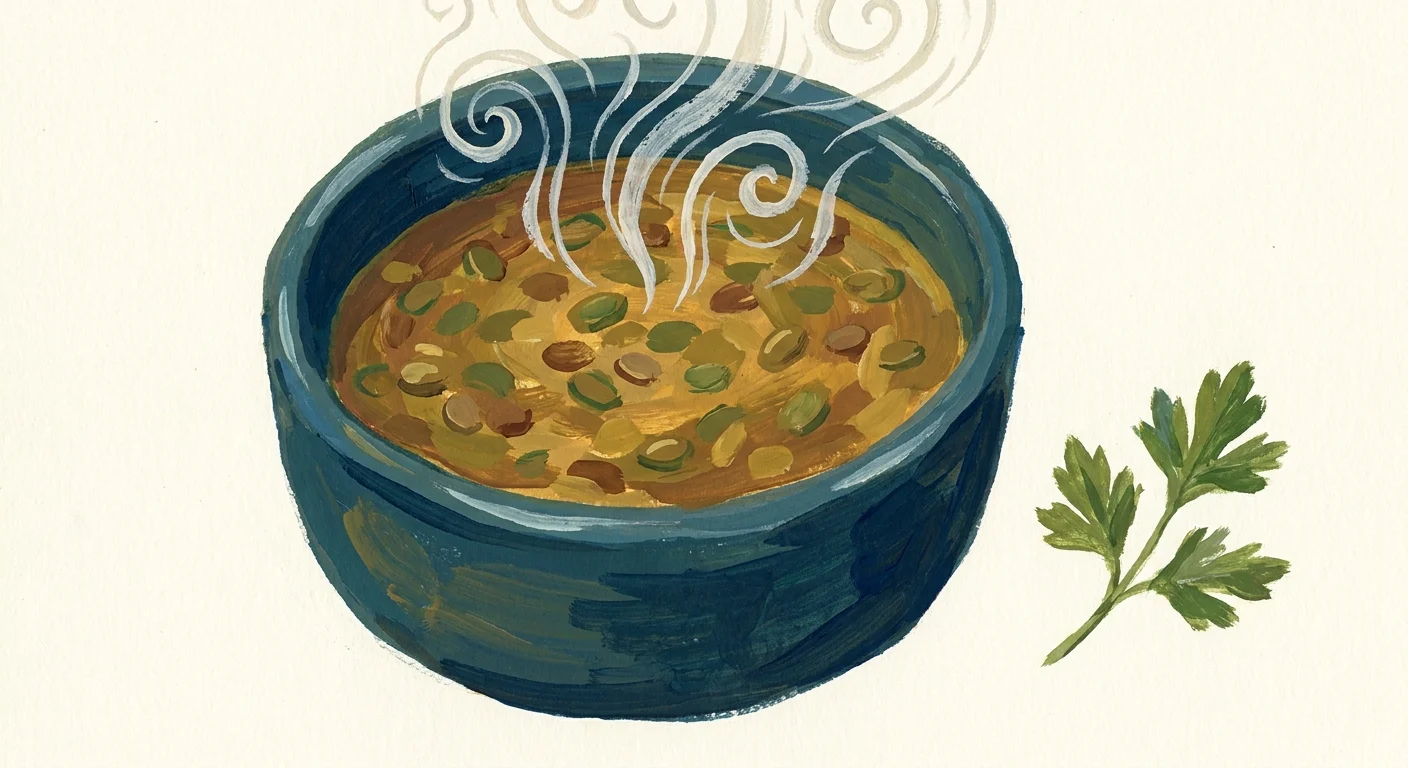 Gouache illustration of a hearty bowl of lentil soup with stylized steam.