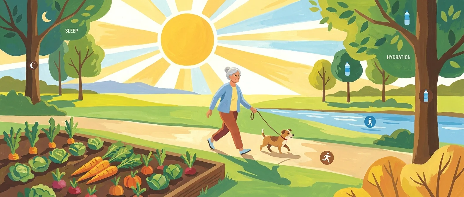 Gouache illustration of a senior woman walking in a park, representing the synergy of diet and lifestyle.