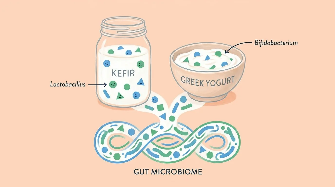 Gouache illustration of yogurt and kefir with stylized probiotic cultures and a gut microbiome path.