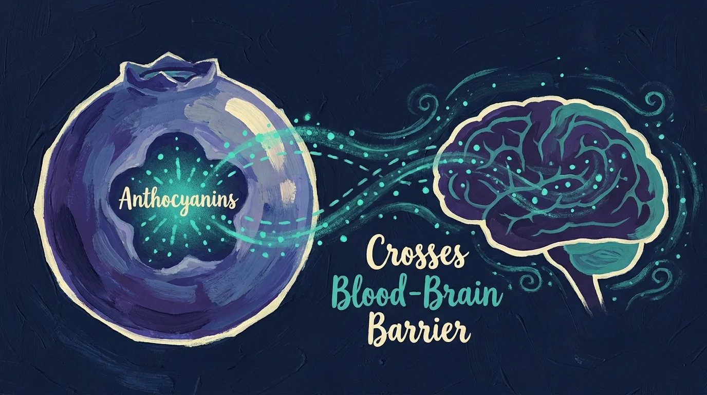 Gouache illustration showing anthocyanins from a blueberry traveling to a stylized brain silhouette.