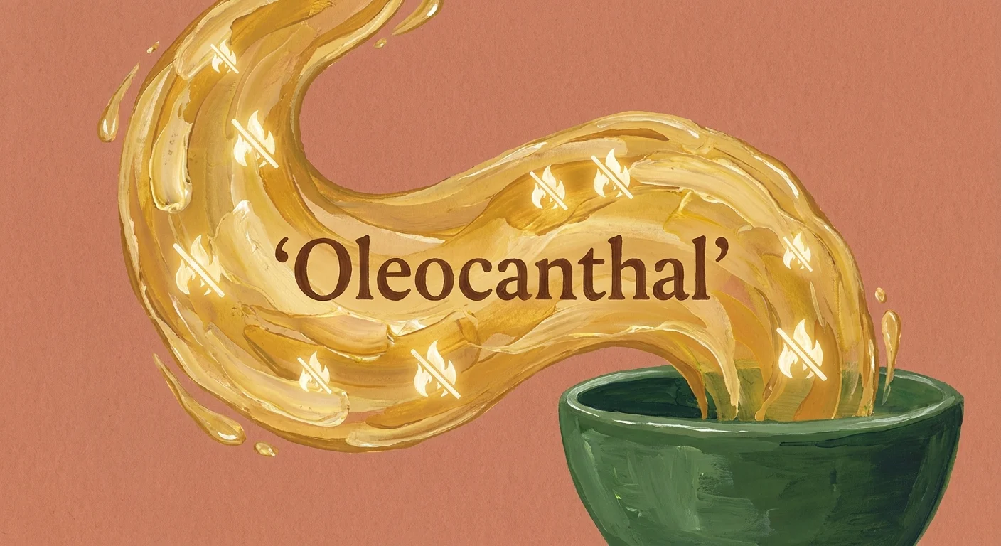 Gouache painting of golden olive oil pouring, with symbols representing the reduction of inflammation.