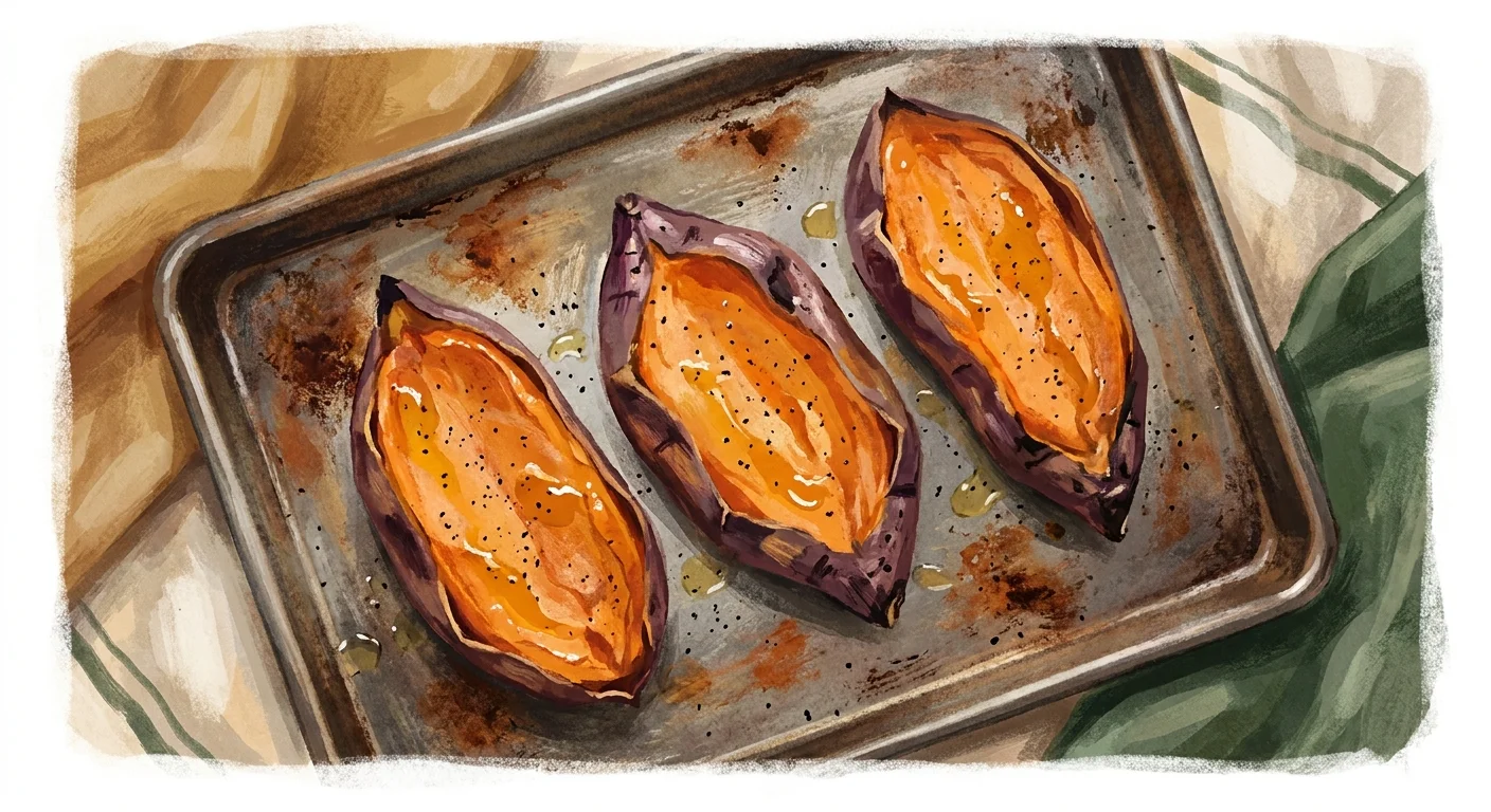 Gouache painting of roasted sweet potatoes with vibrant orange centers and caramelized edges.