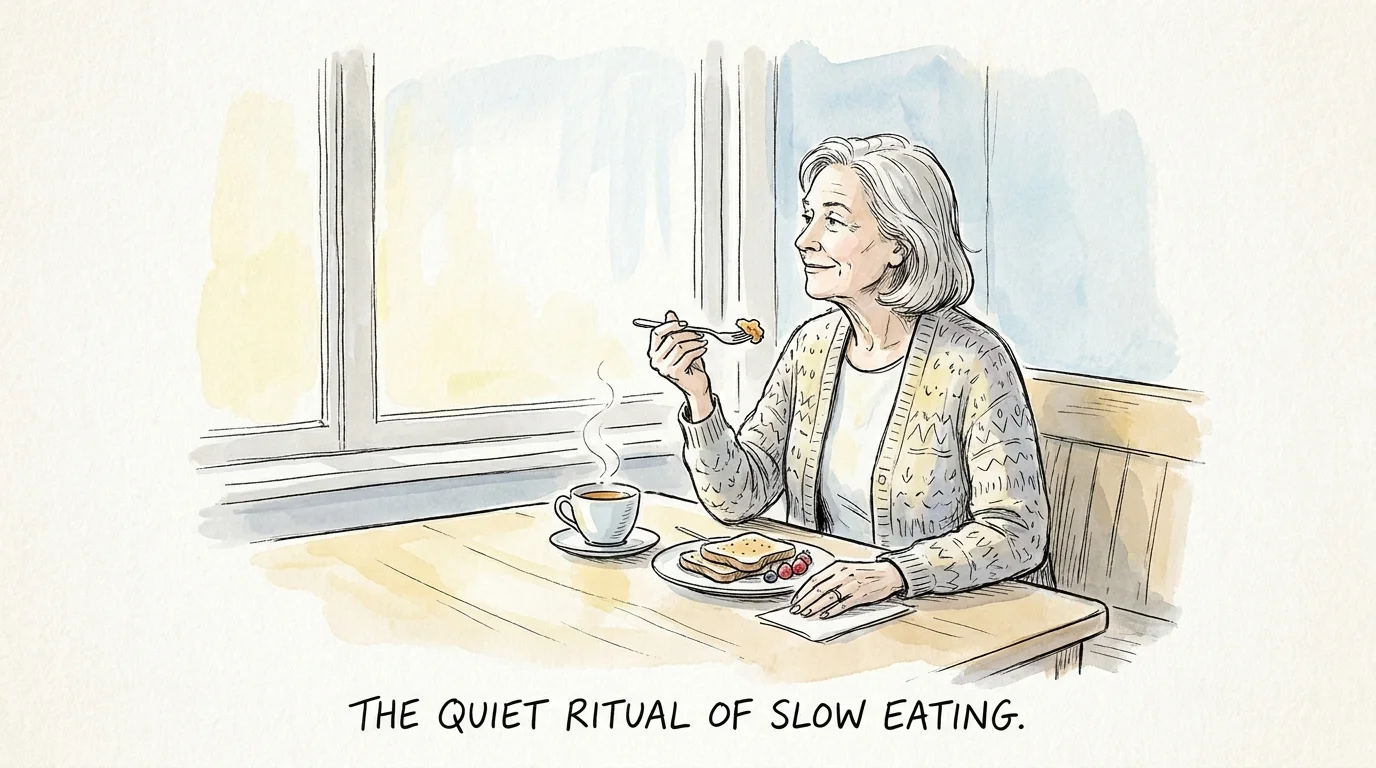 Illustration of a senior woman eating mindfully at a bright window in a watercolor style.