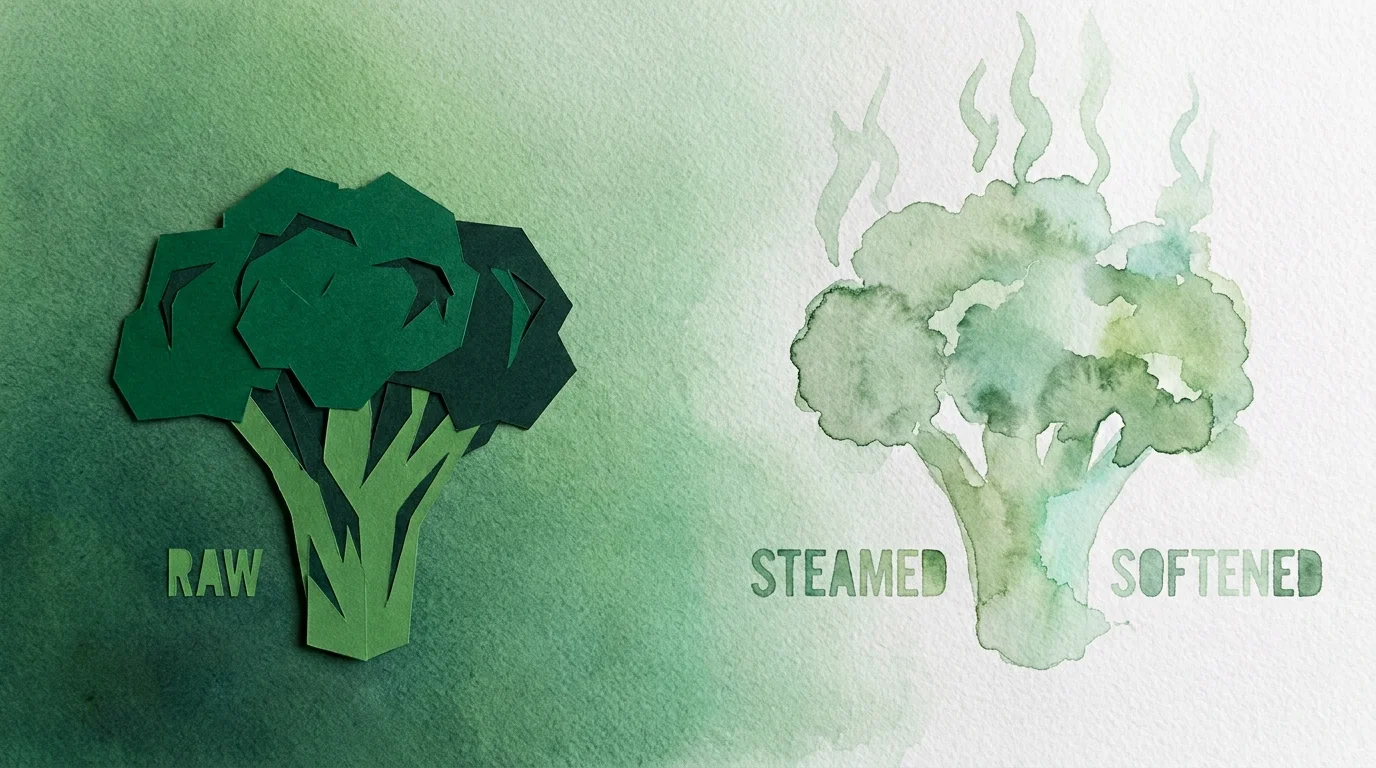 Illustration showing the difference between sharp raw broccoli and soft, steamed broccoli using paper-cut and watercolor.