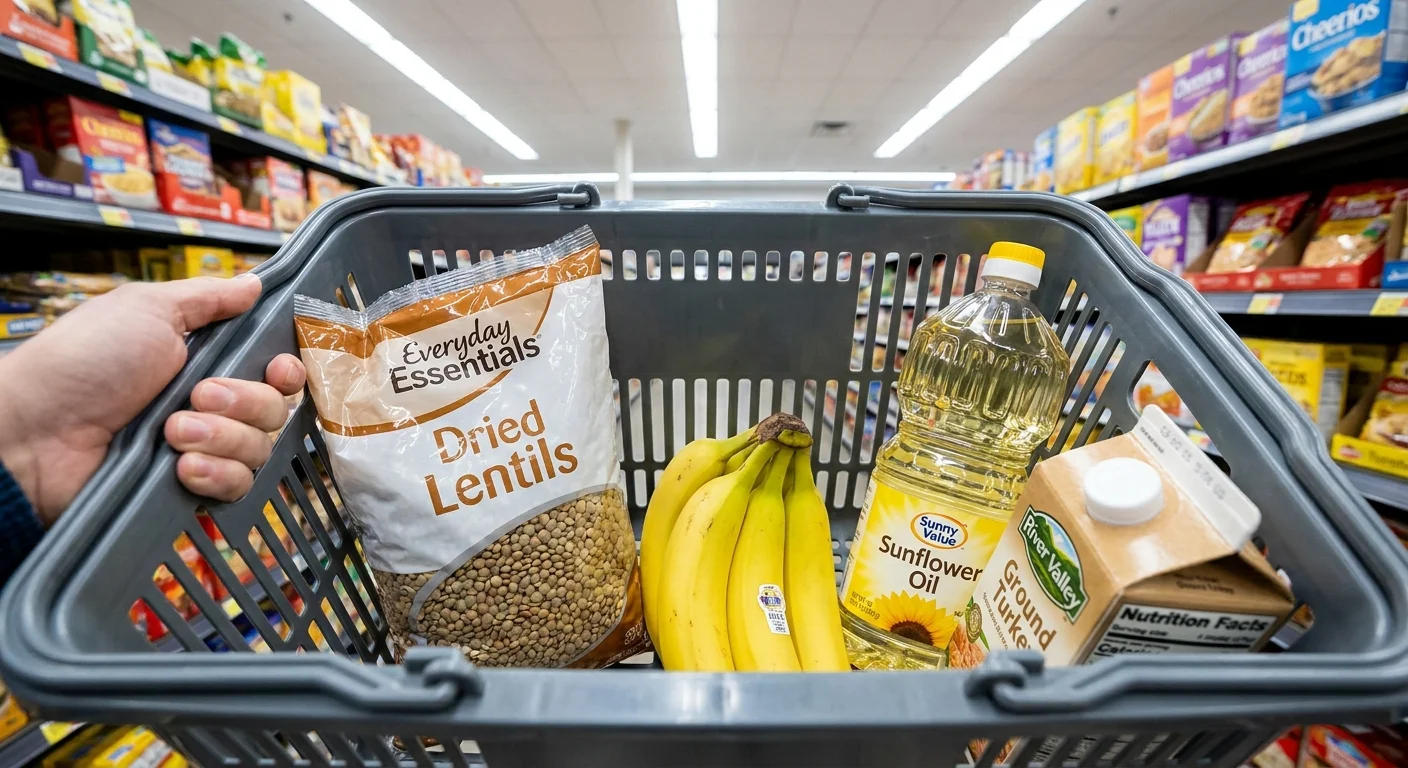 Looking down into a grocery basket filled with lentils, ground turkey, and sunflower oil.