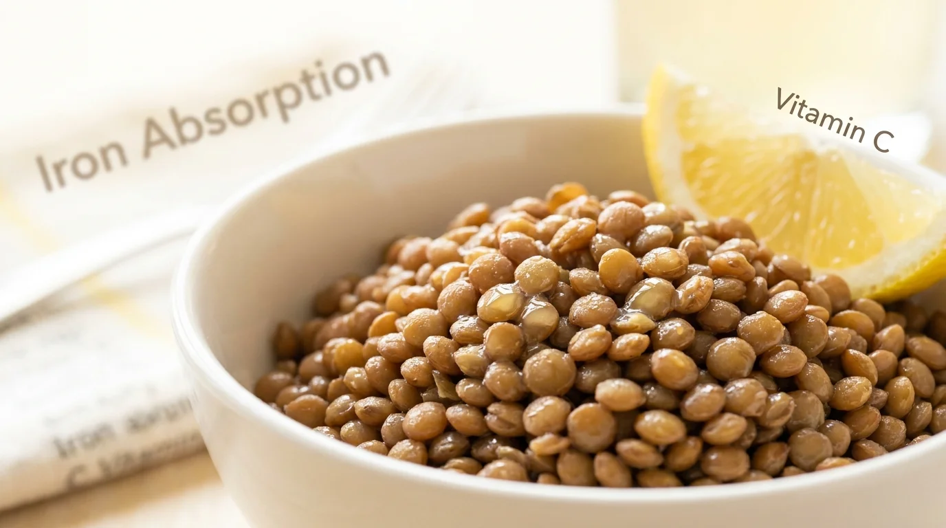 Macro shot of a bowl of lentils with a lemon wedge, showing plant-based iron sources.