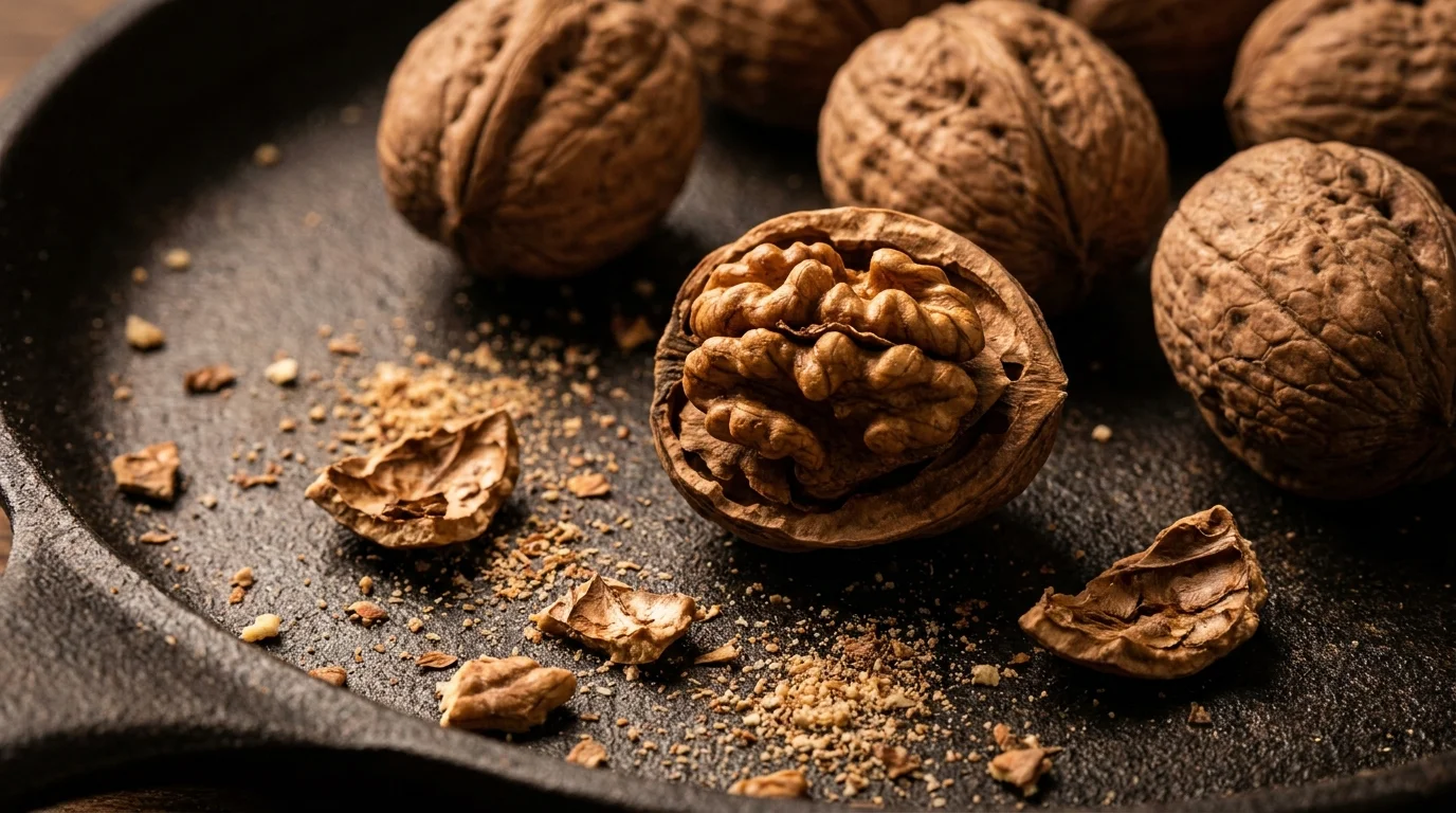 Macro shot of cracked walnuts on a dark surface, showing their detailed, ridged texture.