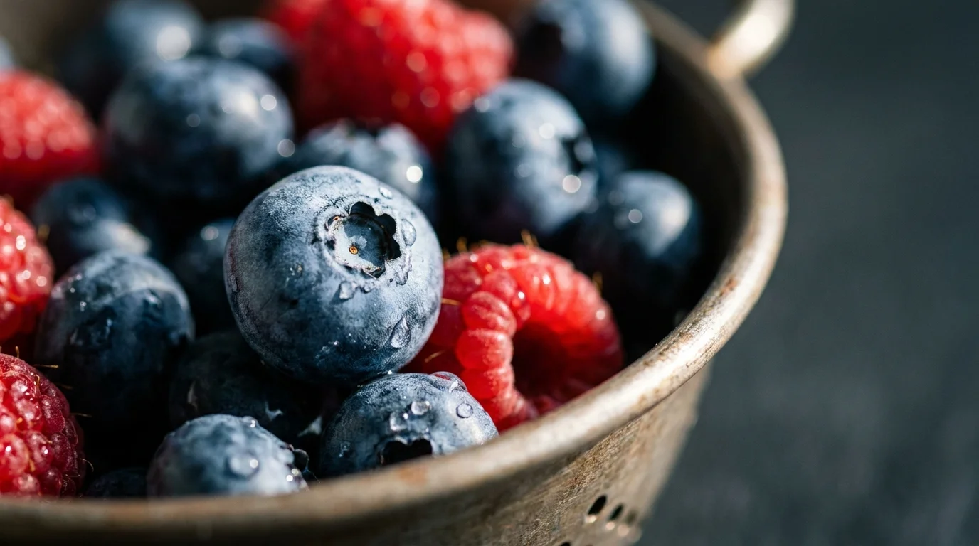 Macro shot of fresh blueberries and raspberries with water droplets in a soft-focus background.