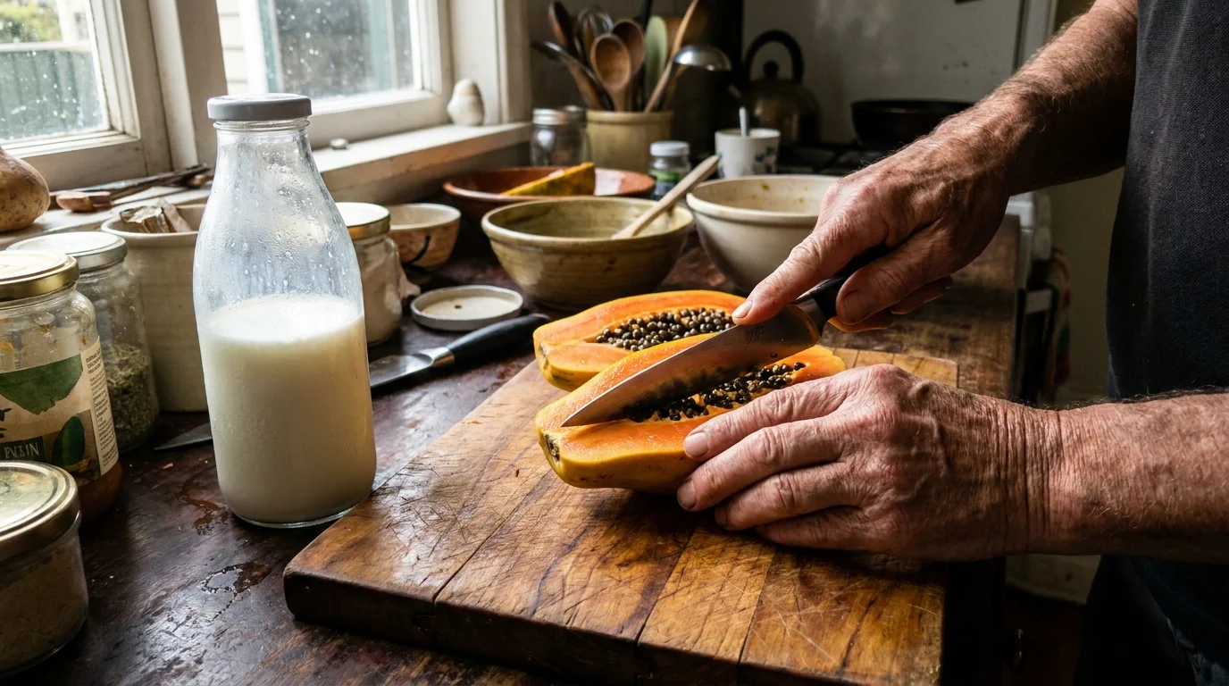 Macro shot of hands slicing a fresh papaya next to a bottle of kefir on a kitchen counter.