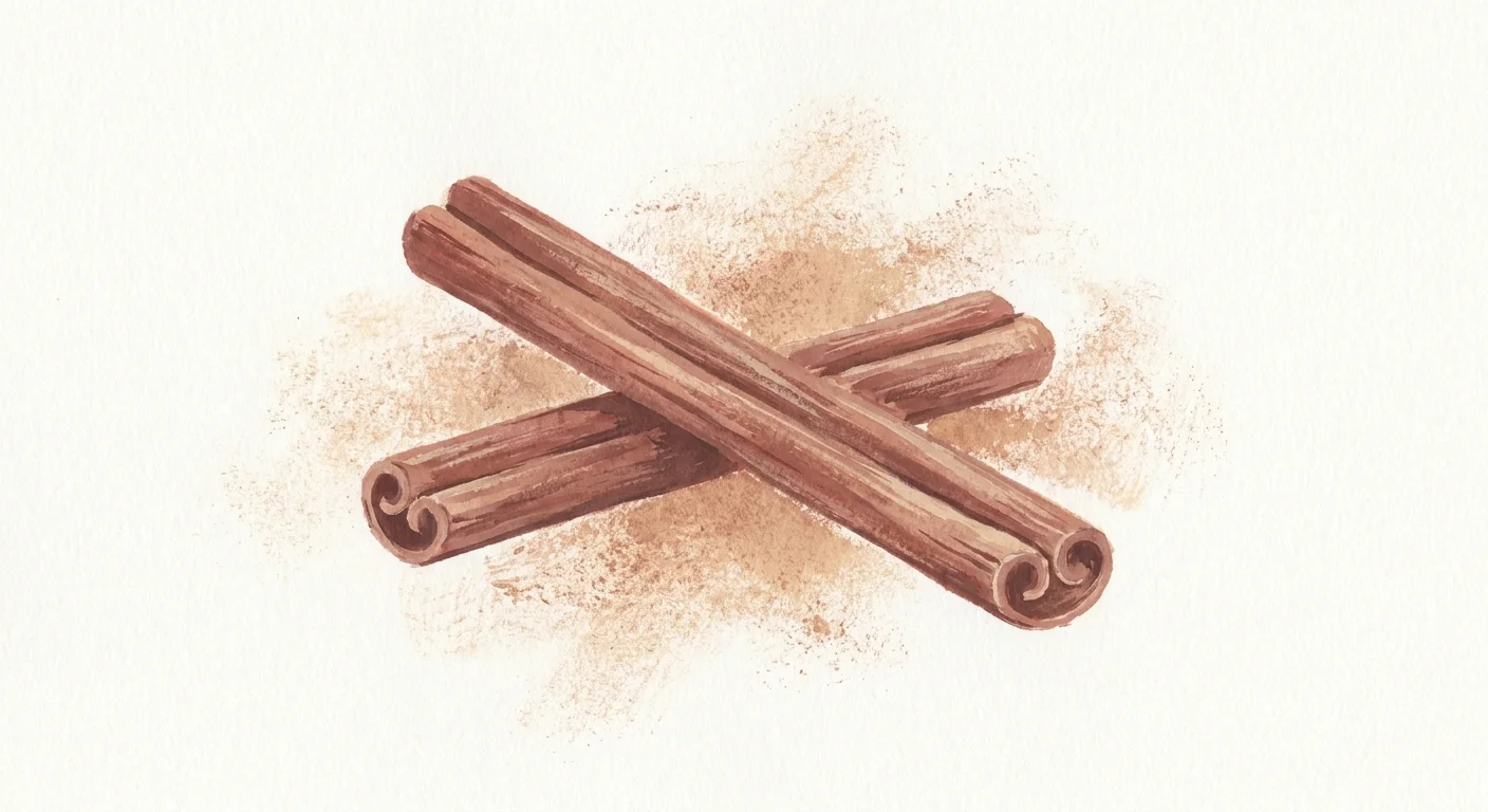 Minimalist gouache painting of cinnamon sticks and a dusting of cinnamon powder.
