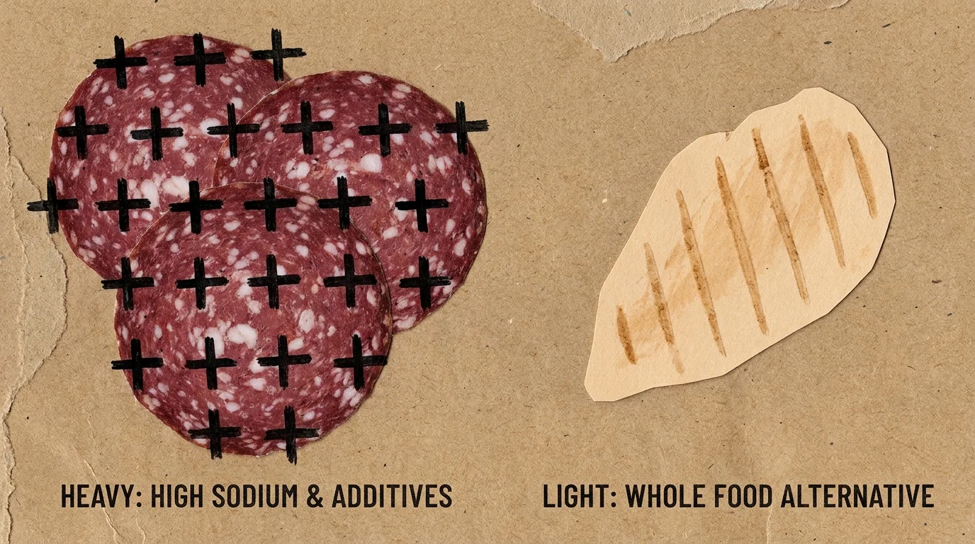 Mixed media art showing processed salami slices with additive symbols next to a clean piece of chicken.