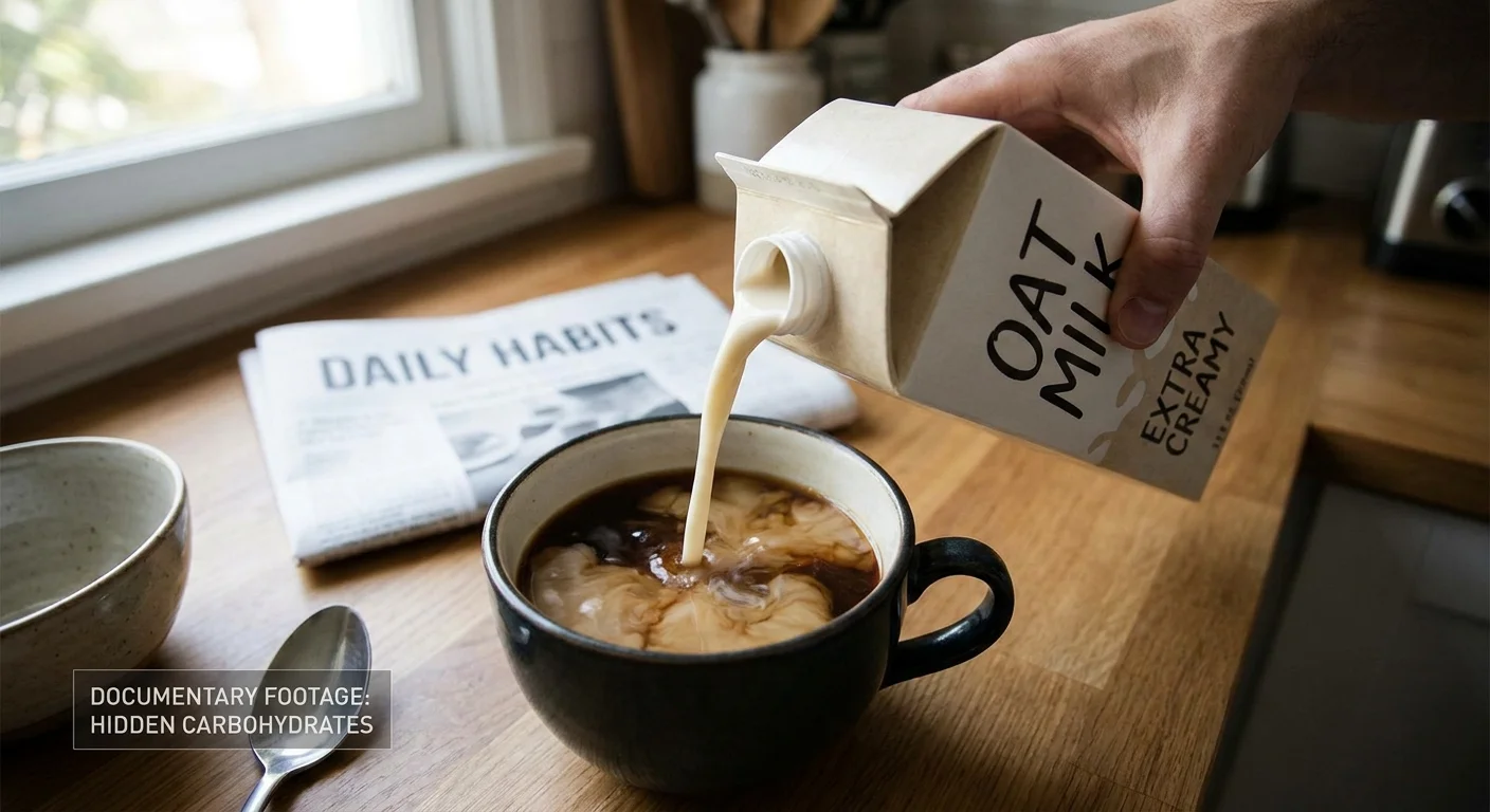 Oat milk being poured into a cup of black coffee on a kitchen counter.