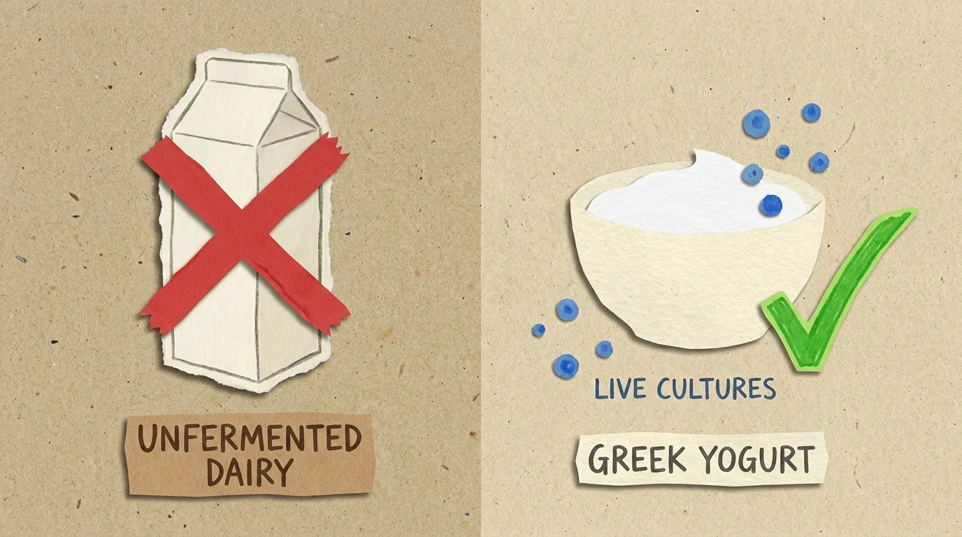Paper collage comparing a milk carton with a red X to a bowl of yogurt with a green checkmark, symbolizing dairy substitution.