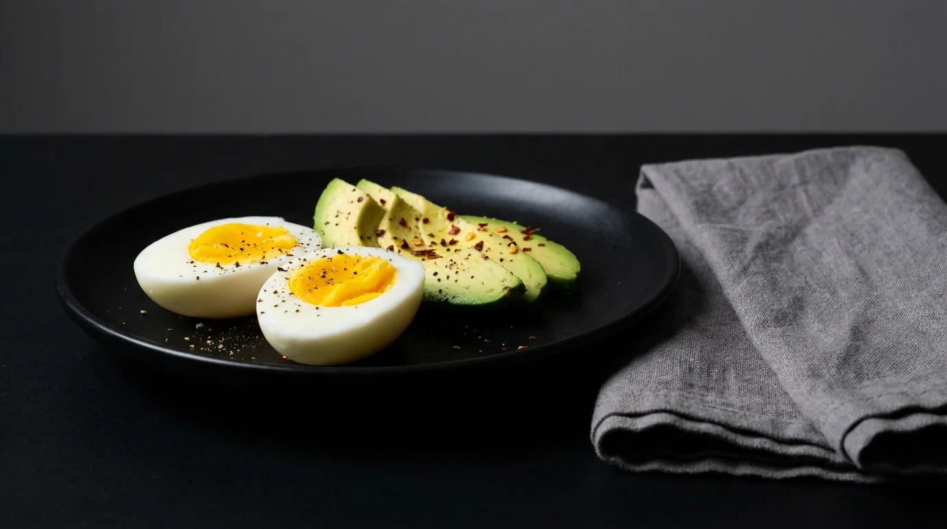 Perfectly halved hard-boiled eggs and sliced avocado on a matte black plate, seasoned with black pepper.