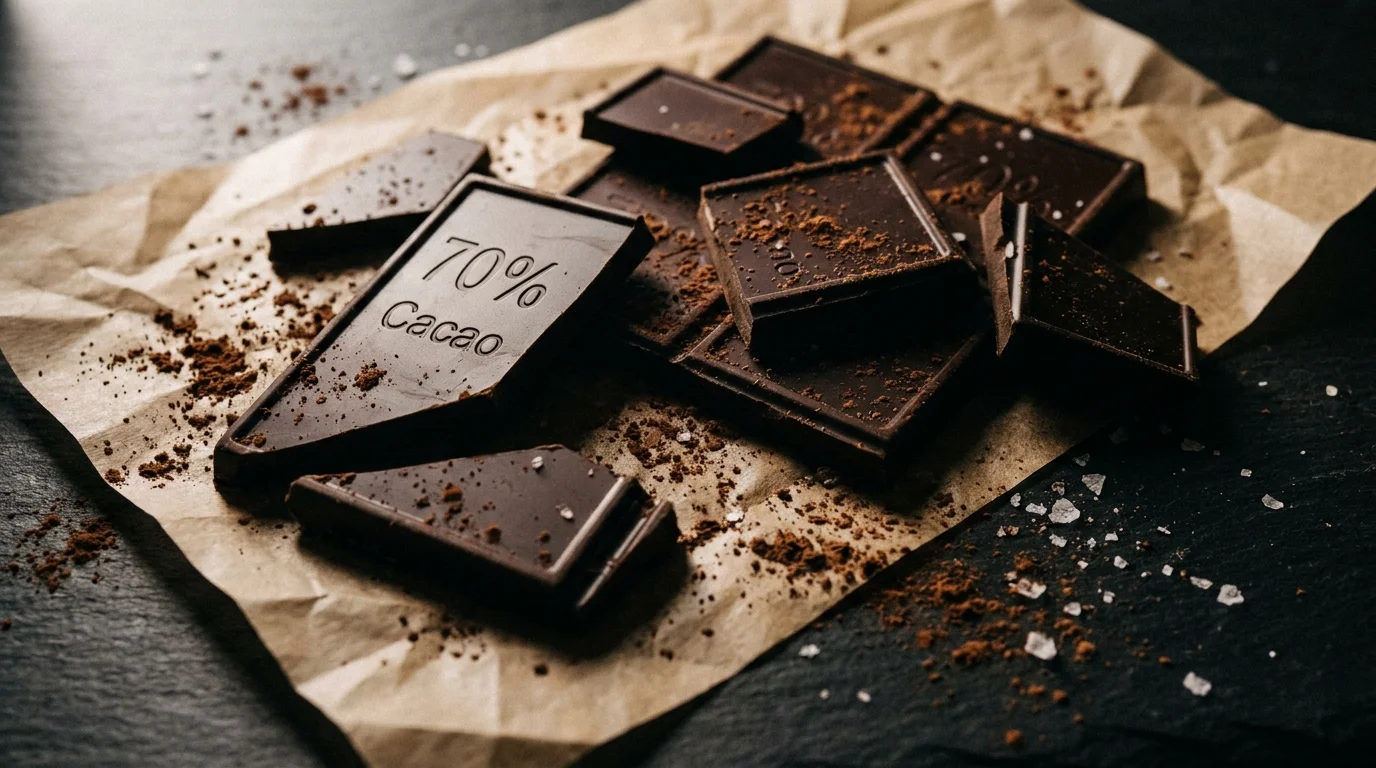 Pieces of 70% dark chocolate scattered on parchment paper with a warm, grainy film aesthetic.