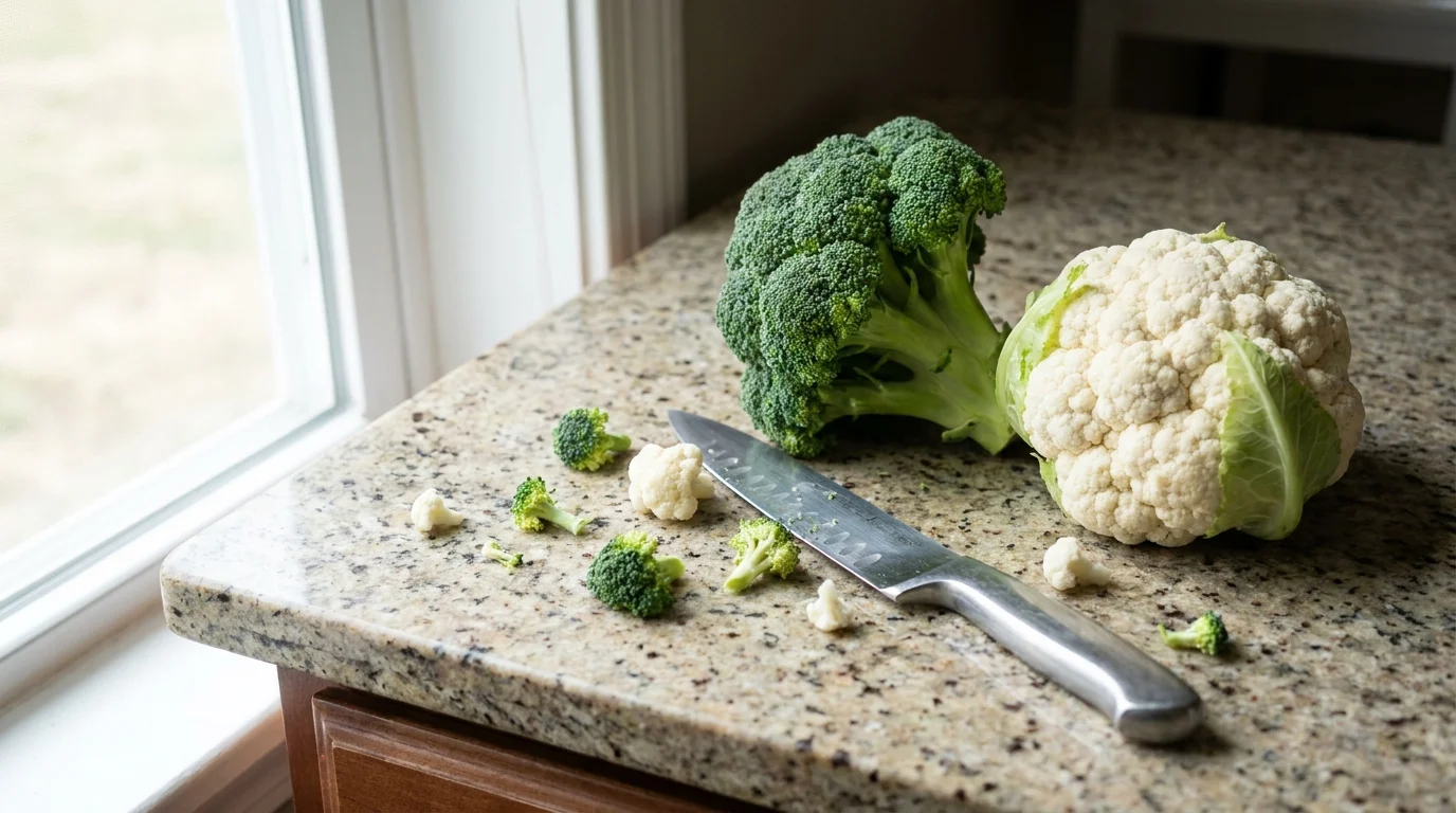 Raw broccoli and cauliflower on a kitchen counter, highlighting the fibrous textures that can be hard to digest.