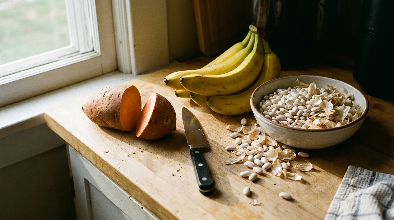 Raw sweet potatoes, bananas, and beans on a kitchen counter, highlighting potassium-rich foods.