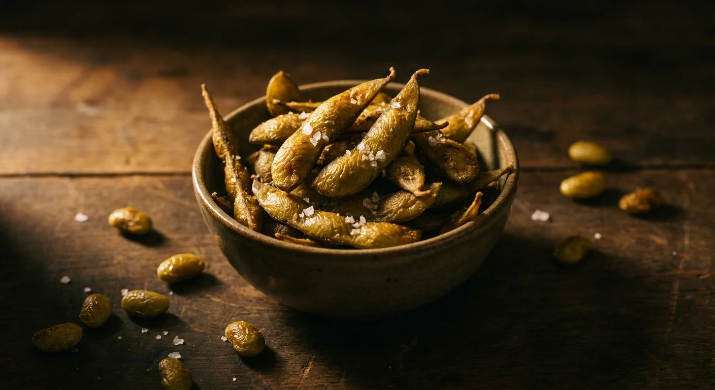Roasted edamame beans sprinkled with sea salt flakes in a small ceramic bowl on a dark wood surface.