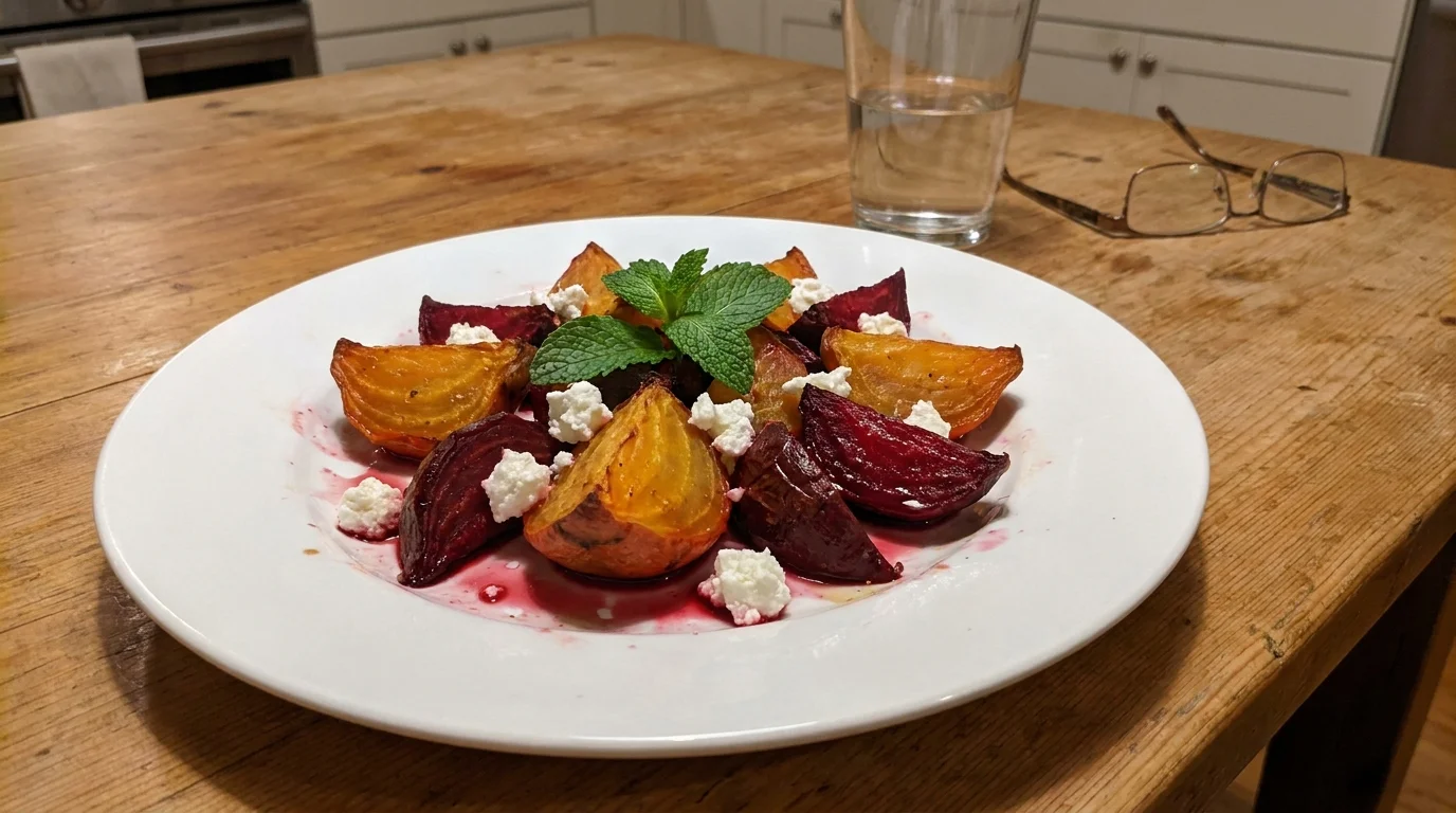 Roasted red and golden beet wedges with goat cheese on a plate at a dining table.
