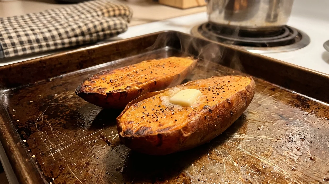 Roasted sweet potato halves steaming on a baking sheet in a home kitchen.