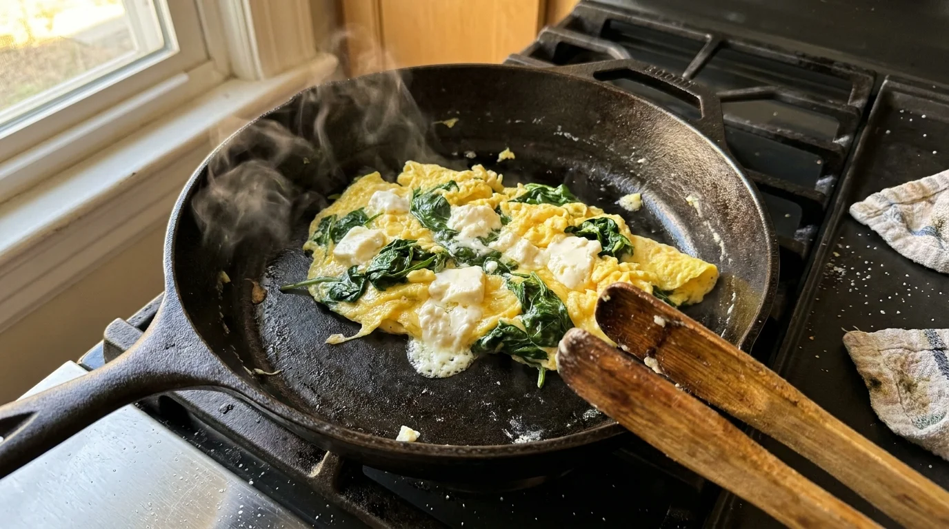 Scrambled eggs with wilted spinach and feta cheese cooking in a black cast-iron skillet.