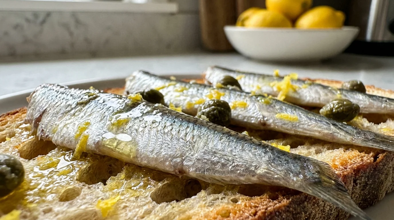 Silver anchovy fillets on toasted sourdough bread with capers and lemon zest.