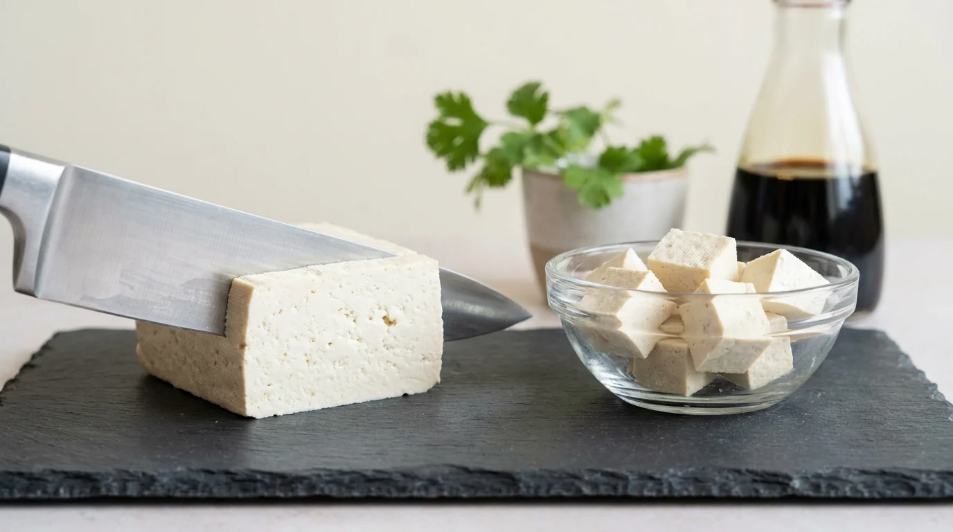 Sliced firm tofu on a slate board, emphasizing its clean texture and versatility as a calcium source.