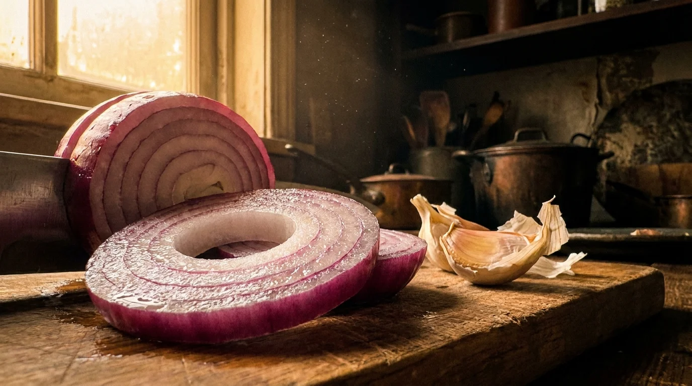 Sliced red onion and garlic on a wooden board, known triggers for many with sensitive guts.