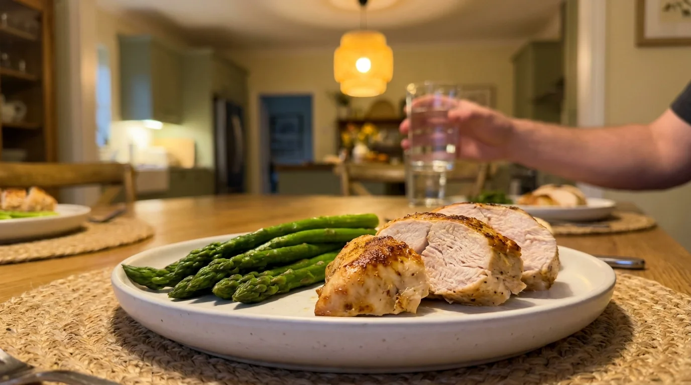 Sliced roasted chicken breast and asparagus on a white plate in a cozy home setting.