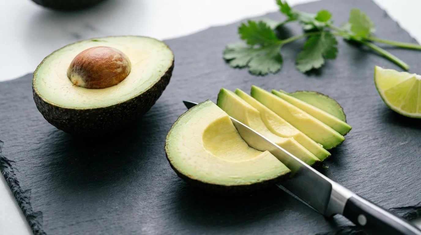 Slices of a fresh avocado on a dark cutting board, showing the creamy green interior and healthy fat content.