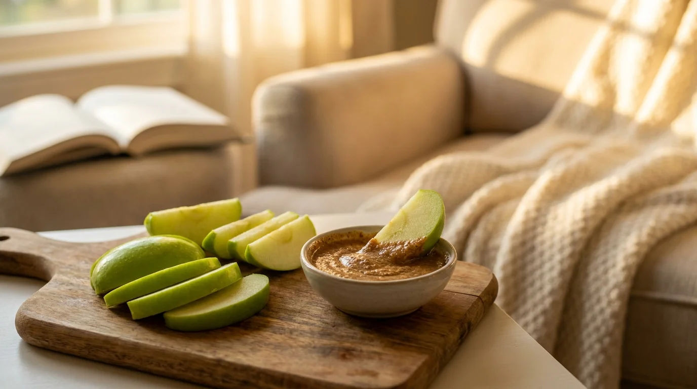 Slices of green apple and a bowl of almond butter on a wooden board in a cozy home setting.