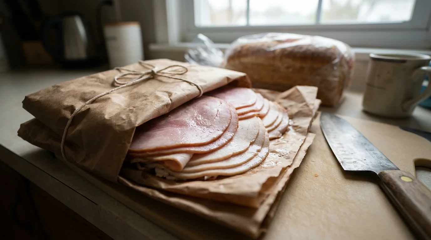 Slices of processed deli ham and turkey on brown butcher paper on a kitchen counter.