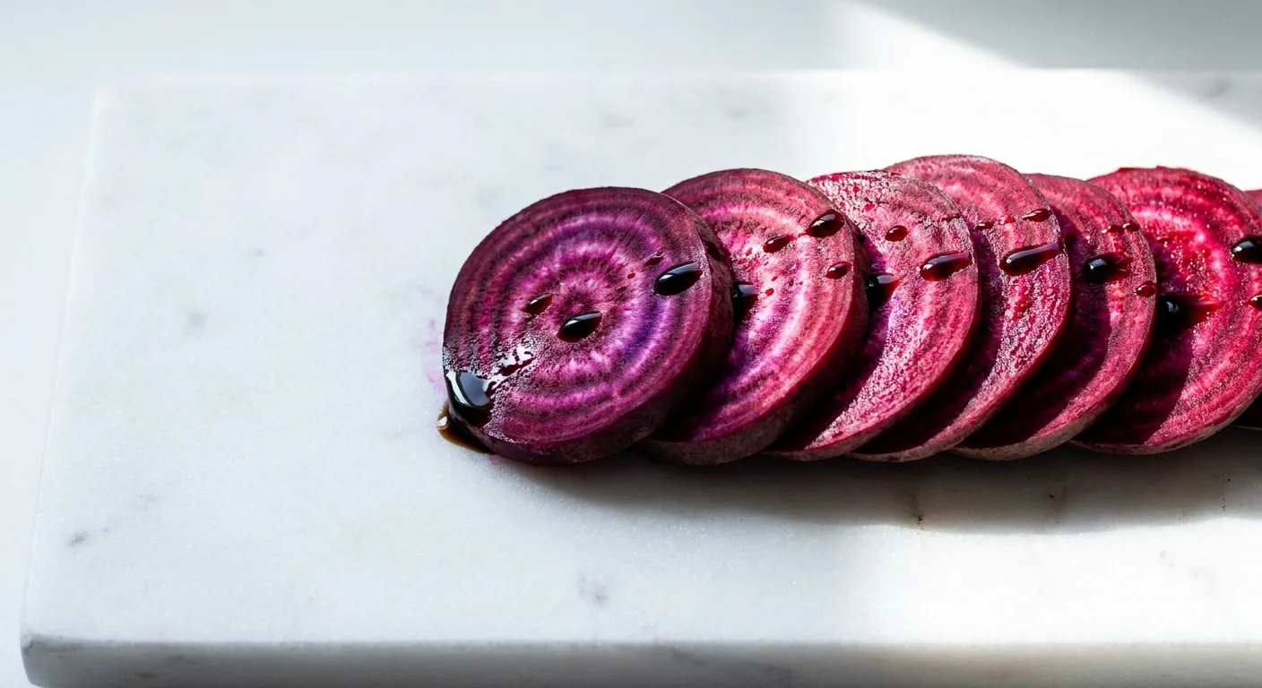 Slices of red beets on a marble surface, highlighting their deep color and natural moisture.