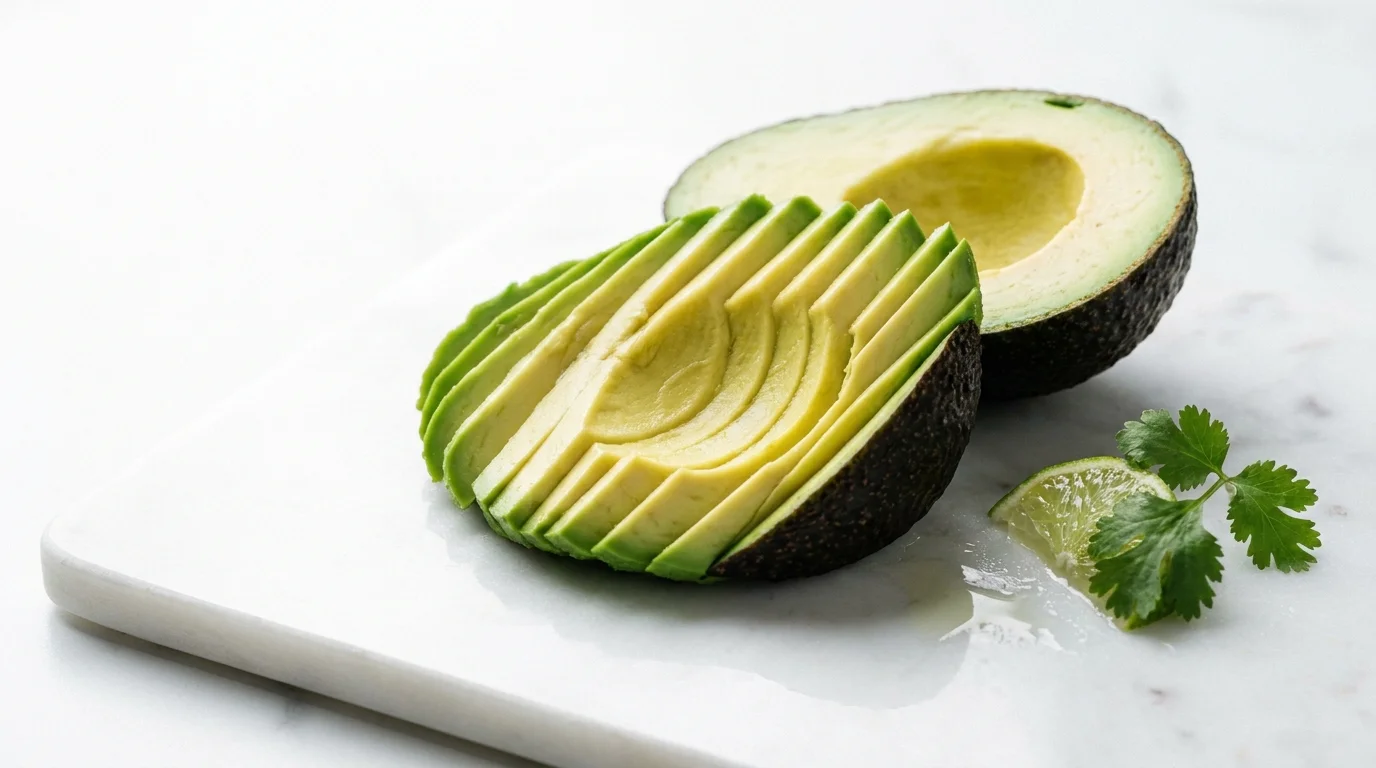 Slices of ripe avocado fanned out on a white marble board with a lime wedge.