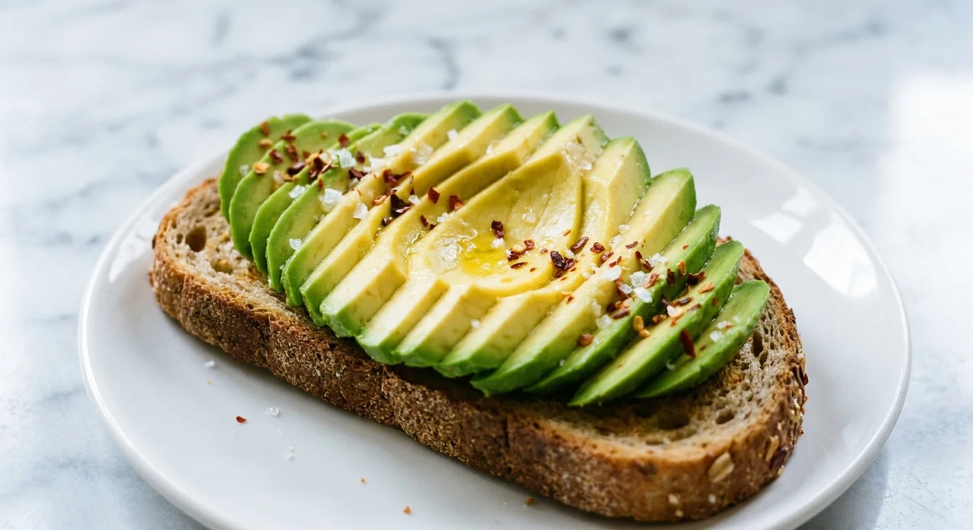 Slices of ripe avocado fanned out on toast with salt and pepper flakes, shot on 35mm film.