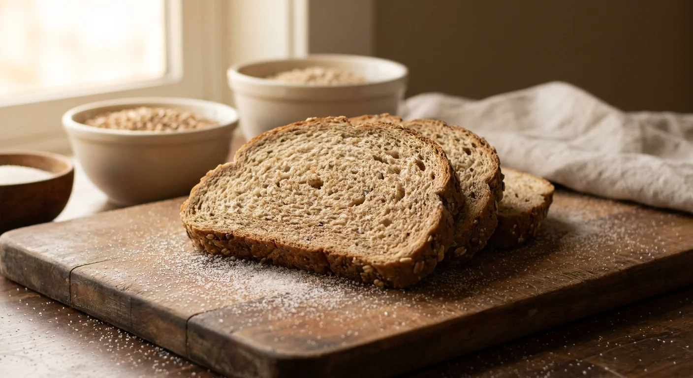 Slices of whole-wheat bread on a wooden board with a light dusting of sugar around them.