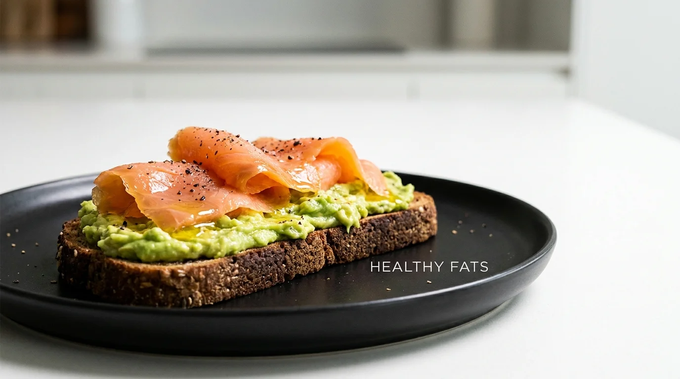 Smoked salmon and avocado slices on a thick piece of sprouted grain toast, garnished with black pepper.