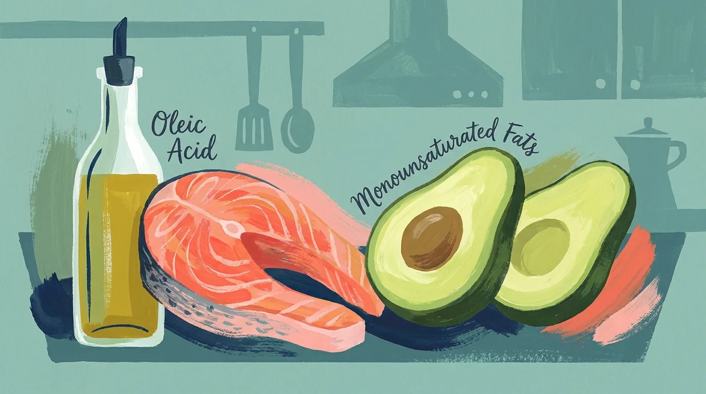 Stylized gouache illustration of salmon, avocado, and olive oil with labels for healthy fats.