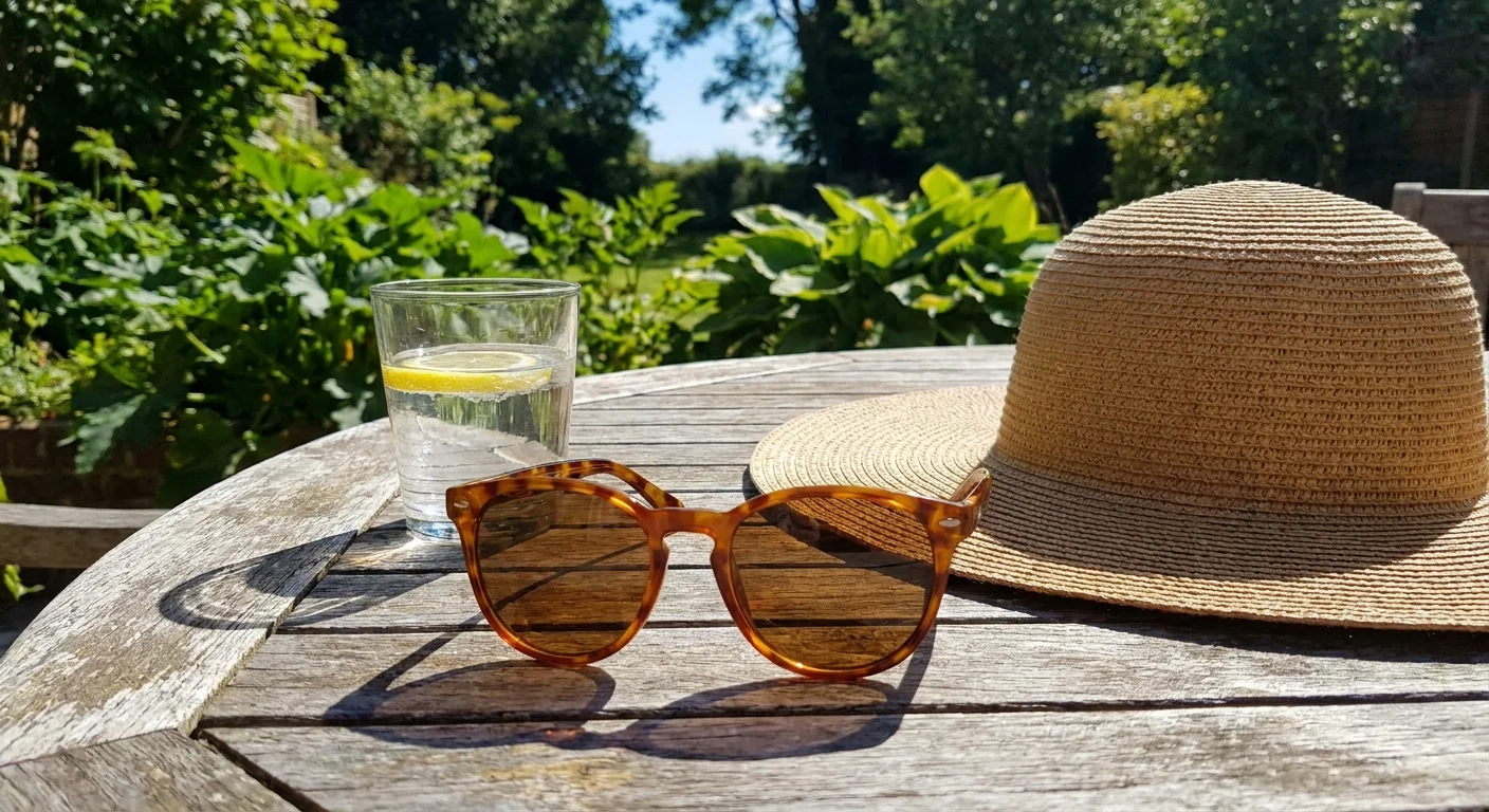 Sunglasses and a sun hat on a garden table, representing UV protection for eyes.