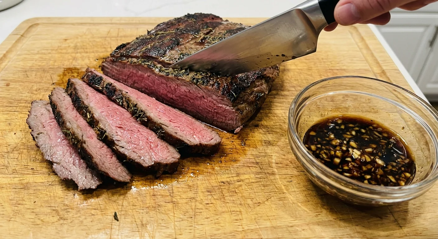 Thinly sliced steak on a wooden board next to a small bowl of soy sauce marinade.