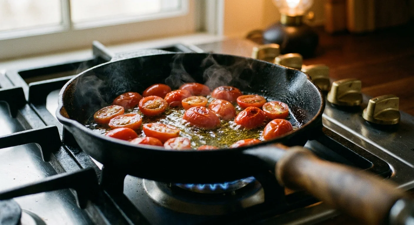 Tomatoes simmering in a cast iron skillet, showing the cooking process that increases lycopene bioavailability.