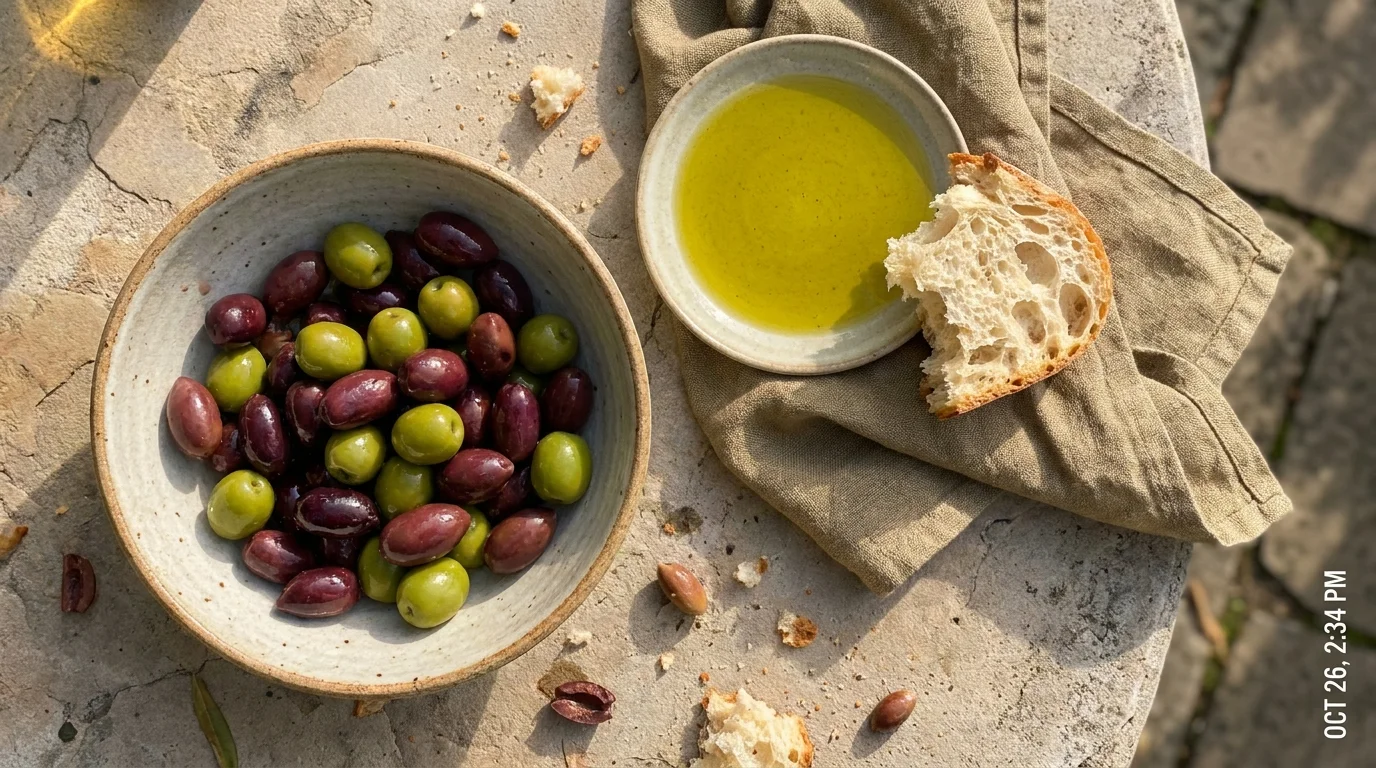 Top-down view of a bowl of mixed olives and a saucer of golden olive oil with crusty bread.