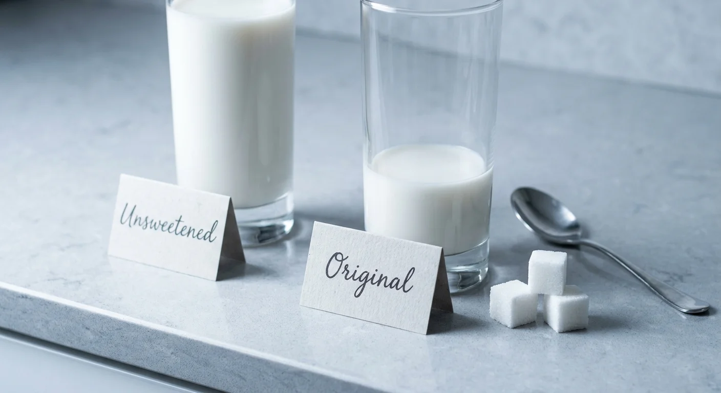 Two glasses of almond milk labeled 'Unsweetened' and 'Original', with sugar cubes next to the original version.