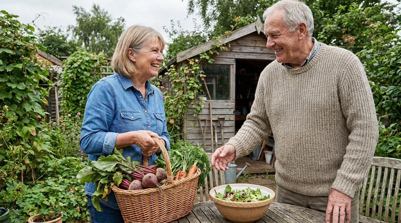 Two mature adults chatting in a garden with a basket of fresh vegetables.