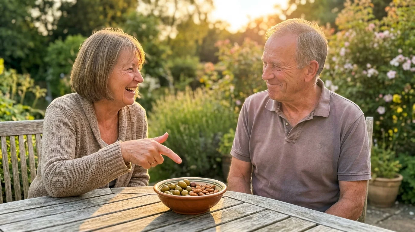 Two older adults laughing and talking over a healthy snack on a sunlit garden patio.