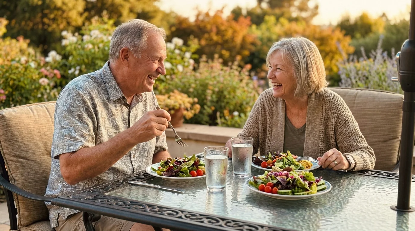 Two older friends talking and laughing over a healthy outdoor lunch in a sunny garden.