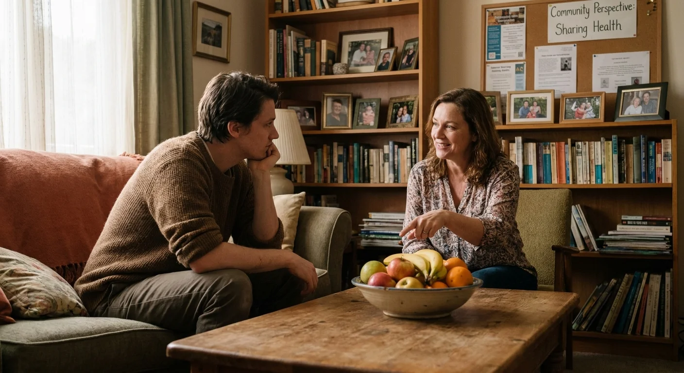 Two people having a casual conversation in a comfortable living room, discussing healthy food choices.